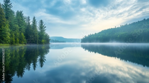 Serene lake surrounded by pine trees and