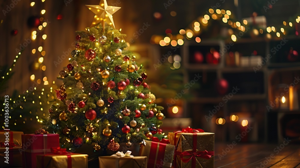 A beautifully decorated Christmas tree with sparkling ornaments, twinkling lights, and a golden star on top, surrounded by wrapped presents A beautifully decorated Christmas tree with sparkling ornaments, twinkling lights, and a golden star on top, surrounded by wrapped presents