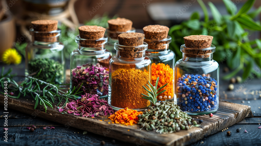 Assorted spices and herbs in glass jars with cork lids on a rustic wooden board Assorted spices and herbs in glass jars with cork lids on a rustic wooden board