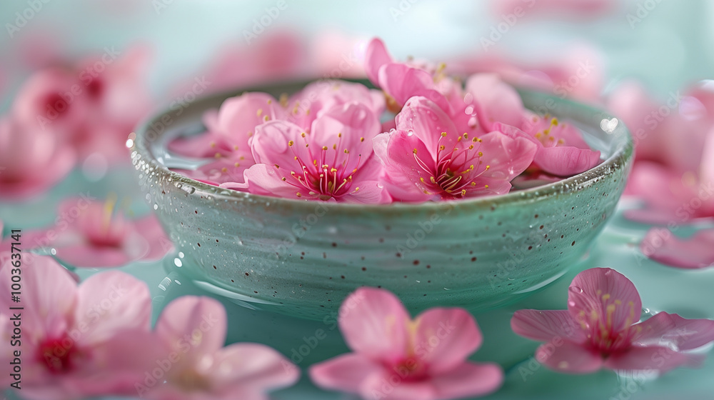 Pink flower petals floating in a ceramic bowl of water Pink flower petals floating in a ceramic bowl of water
