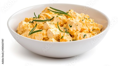 A serving of tofu scramble on solid white background, single object