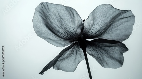 A single, delicate flower with translucent petals against a soft white background.