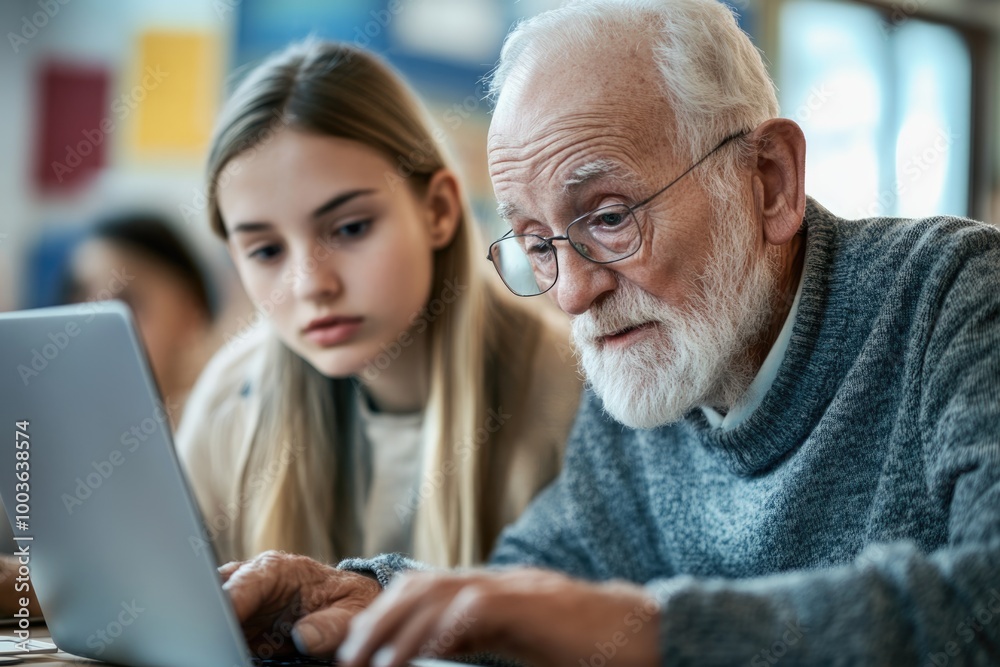 Elderly man in a technology class, learning to use a laptop with the assistance of a younger instructor Elderly man in a technology class, learning to use a laptop with the assistance of a younger instructor