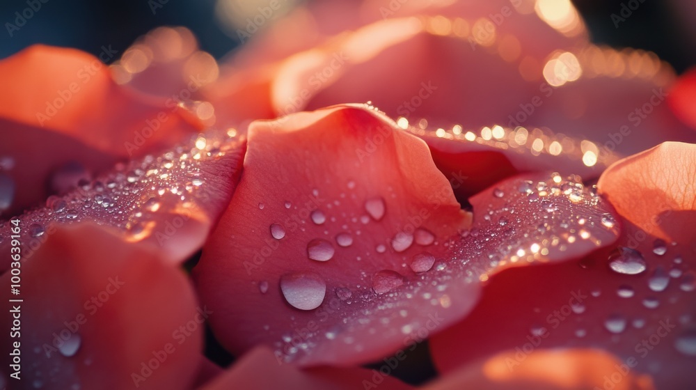 Detailed close-up of dew-covered rose petals, with the light reflecting off the droplets Detailed close-up of dew-covered rose petals, with the light reflecting off the droplets