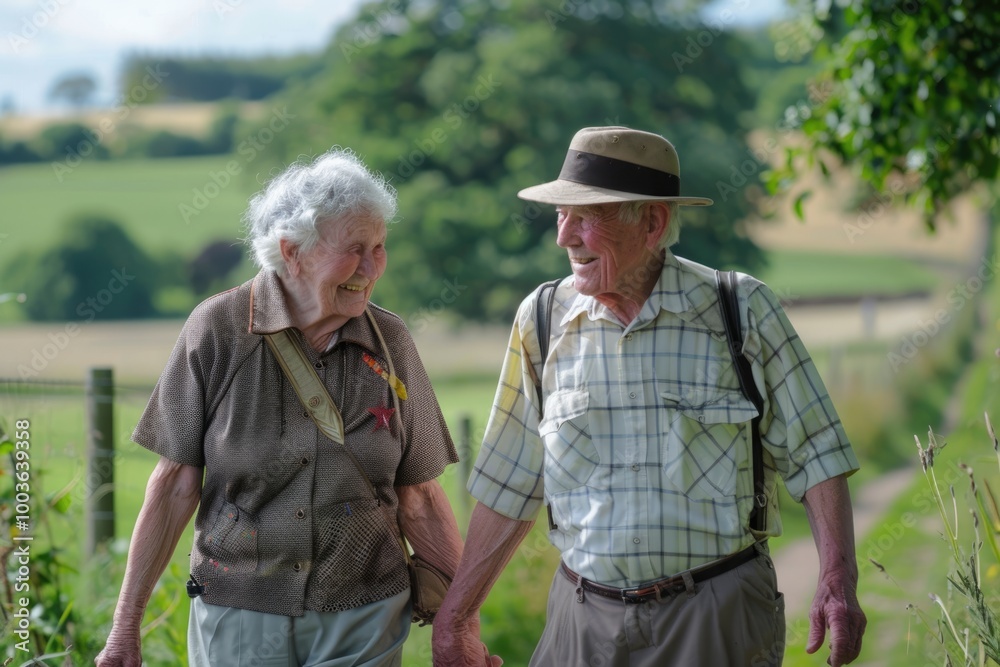 Fototapeta premium Elderly couple enjoying a walk in the countryside, their smiles and body language reflecting the contentment of a well-lived life together
