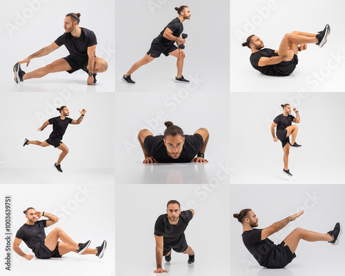 A fitness enthusiast performs a series of exercises, showcasing strength and flexibility. The location is a bright studio with a clean backdrop, emphasizing the workout routine. photo