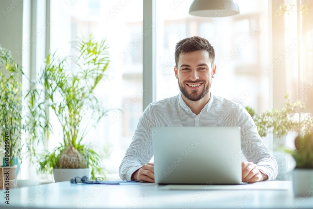 High-resolution brightly lit photorealistic candid photograph of a young marketer working happily on his laptop in a bright, modern office. The photograph is styled like a high-end lifestyle