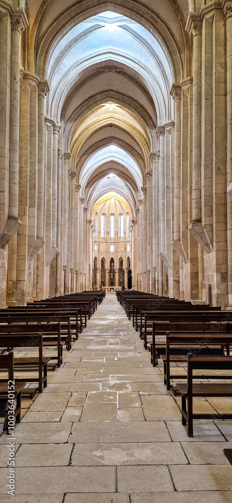Fototapeta premium Interior of Alcobaca monastery, Mosteiro de Santa Maria de Alcobaca in Portugal. A Medieval Roman Catholic Monastery