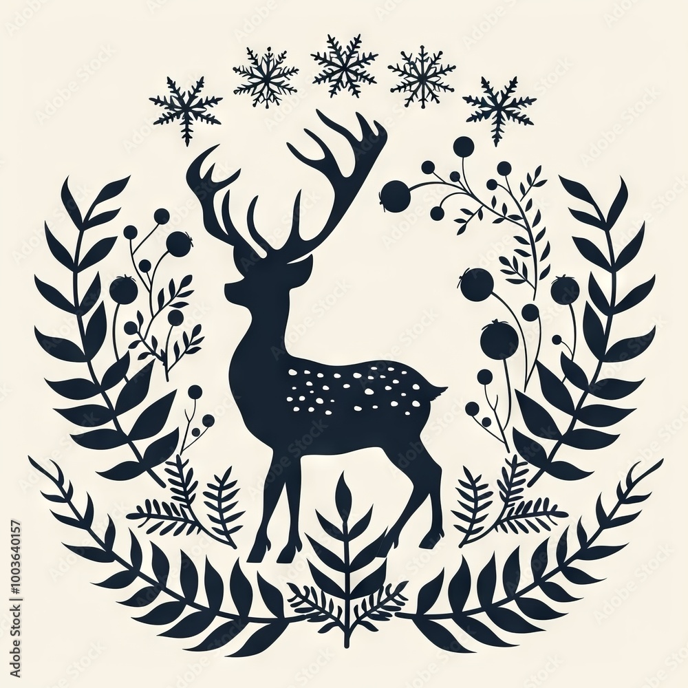 A black and white drawing of a deer with antlers and a white background. The deer is surrounded by a wreath of leaves and snowflakes. Concept of winter and the beauty of nature A black and white drawing of a deer with antlers and a white background. The deer is surrounded by a wreath of leaves and snowflakes. Concept of winter and the beauty of nature