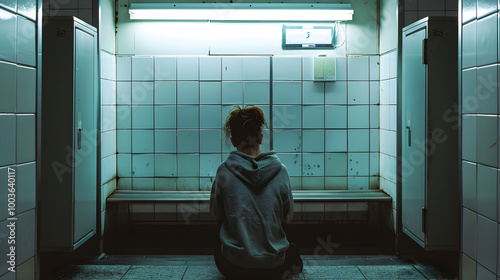 A person slumped in a public restroom, experiencing a drug overdose, surrounded by chaos. photo