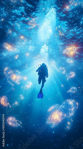 Scuba Diver Exploring Bioluminescent Sea