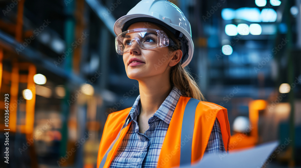 Female Engineer Reviewing Plans in Industrial Setting