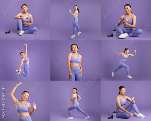 Asian woman is seen engaging in various fitness activities, showcasing her enthusiasm and energy