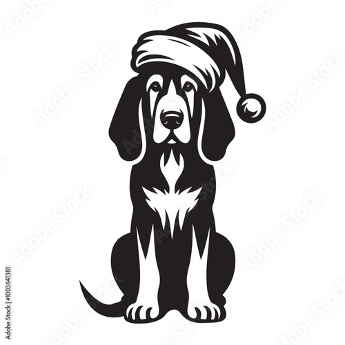 Bloodhound Dog with hat Sitting Vector illustration black and white
