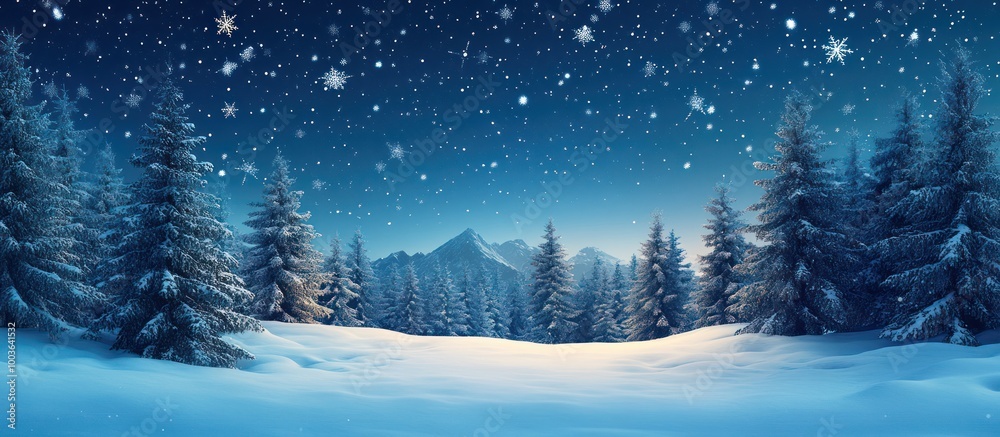 Snow falling on a snowy mountain landscape with pine trees. Snow falling on a snowy mountain landscape with pine trees.