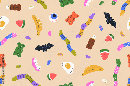 Jelly candies, seamless pattern. Gummy bears, eggs, worms, bats, eyeballs shapes, chewy sweets background. Endless design, repeatable print for wrapping, fabric. Colored flat vector illustration