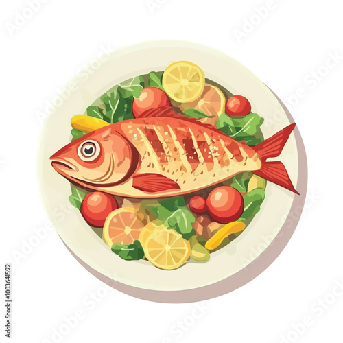 A plate of fried fish with vegetables Vector