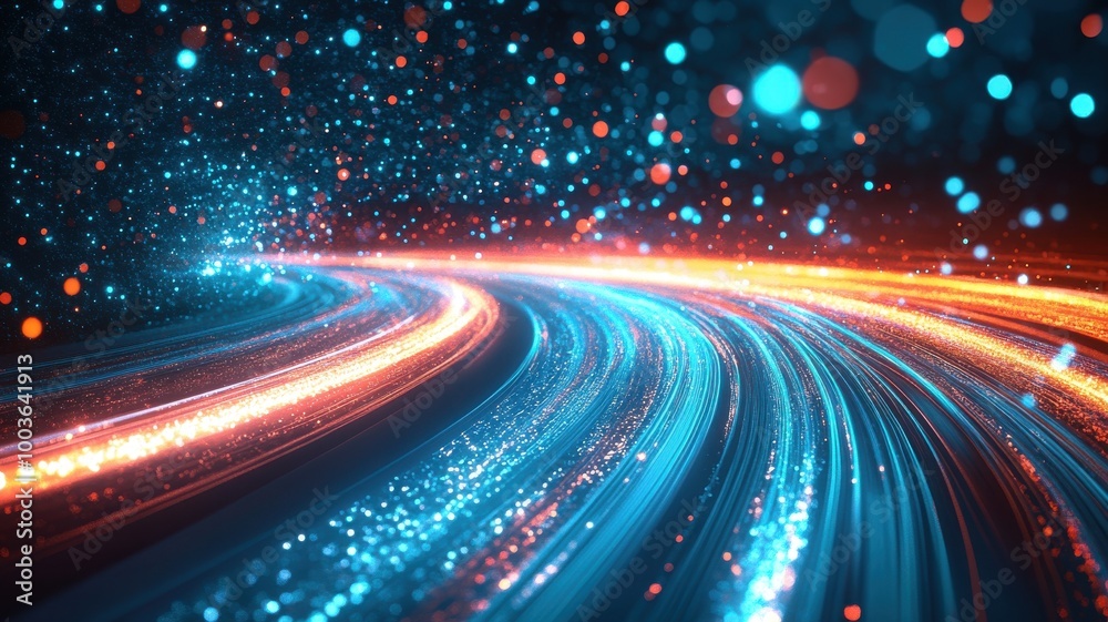 Colorful light trails with sparkling effects on a dark background.