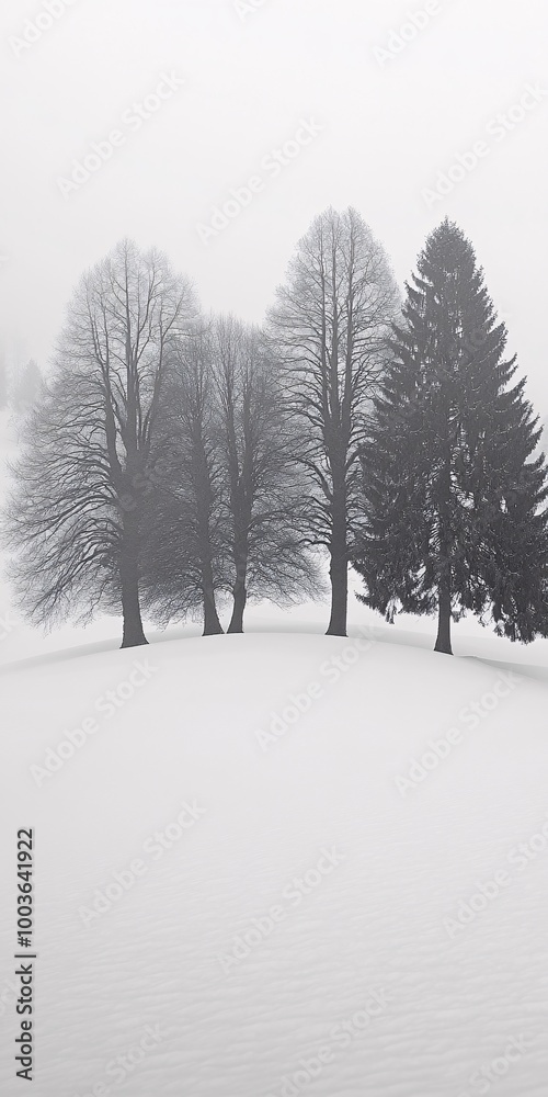 Obraz premium Winter landscape with trees, minimalistic, snow-covered ground, foggy, white background,