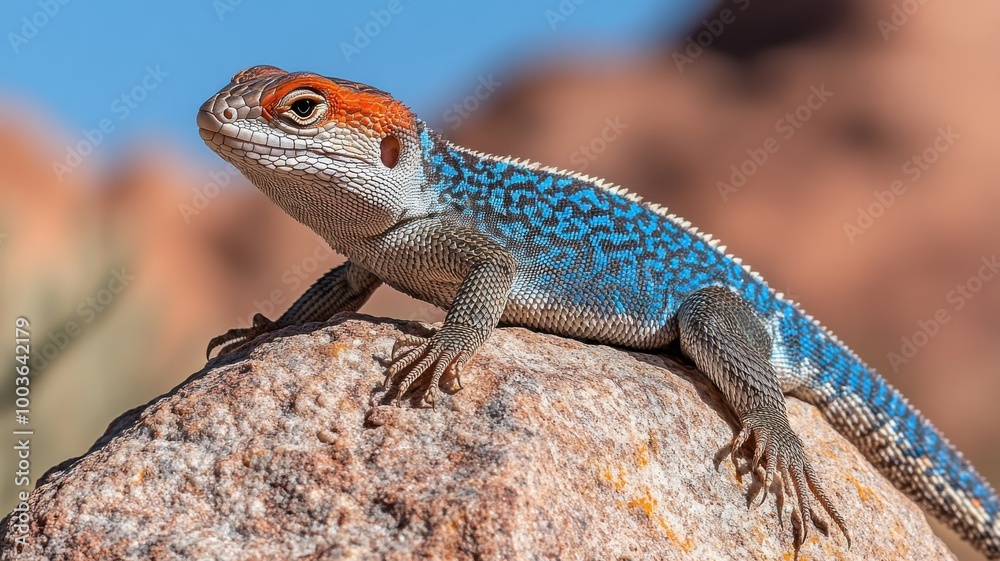 Colorful lizard resting on a rock, blurred background in natural habitat. Colorful lizard resting on a rock, blurred background in natural habitat.