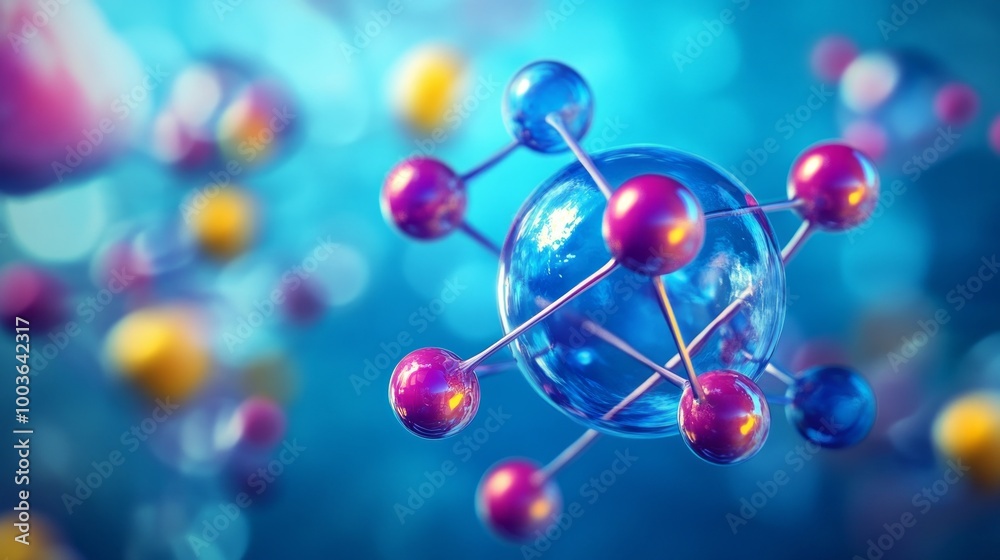 A blue sphere with many small spheres surrounding it A blue sphere with many small spheres surrounding it