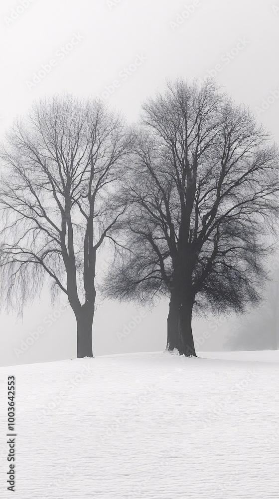 Winter landscape with trees, minimalistic, snow-covered ground, foggy, white background,