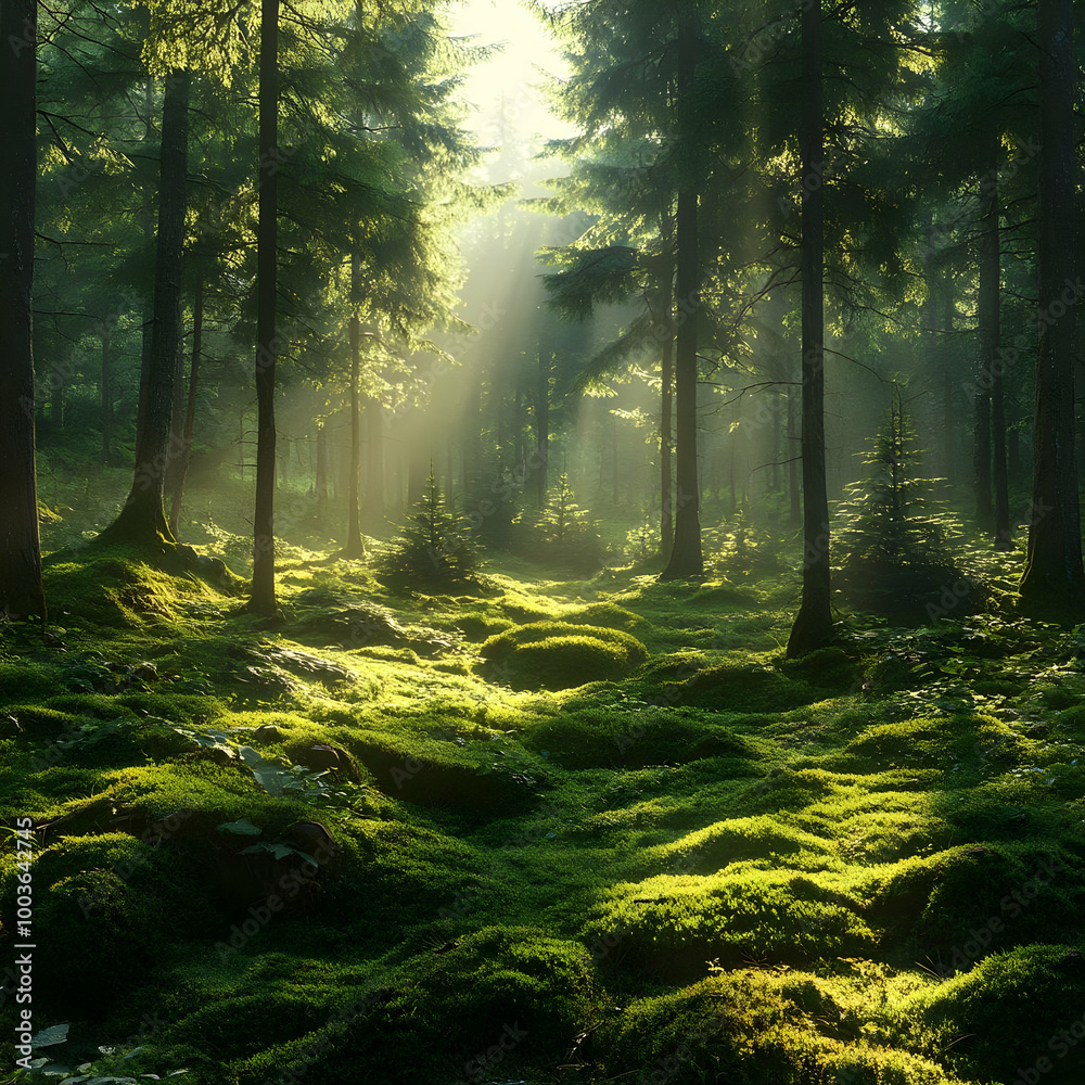 Obraz premium Sunbeams Through Forest Canopy - Green Mossy Ground Illustration