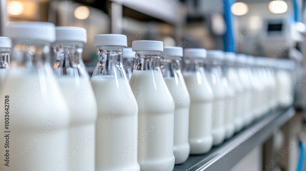 Fresh Milk Bottles in a Dairy Production Line Fresh Milk Bottles in a Dairy Production Line