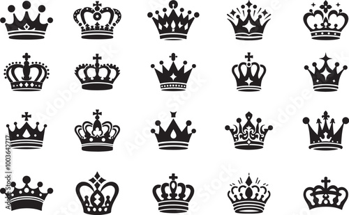 Royal King and Queen Crown Silhouette Icon Set Vector illustration on White Background.