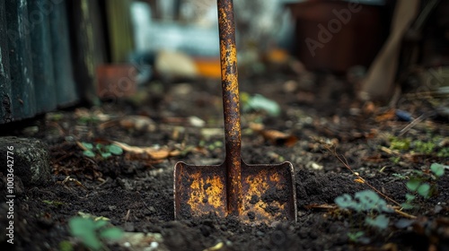 Weathered Shovel Resting in the Soil of an Overgrown Garden