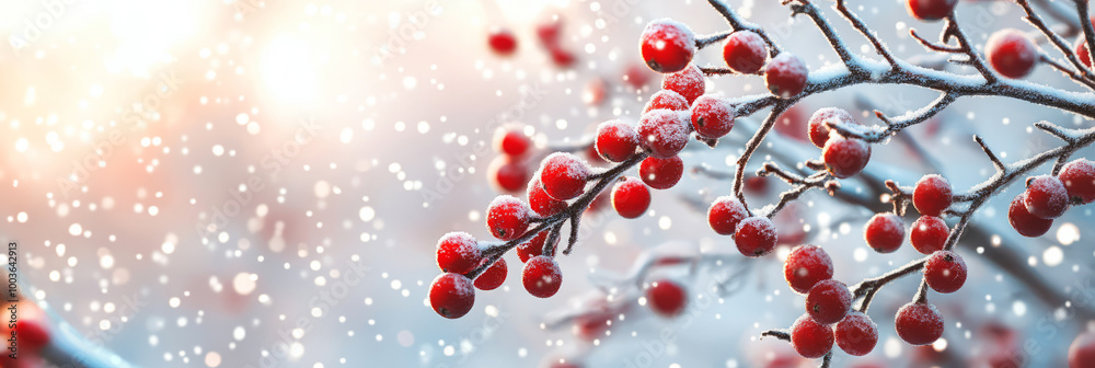 Red Berries on Snow-Covered Branches in Frosty Setting Red Berries on Snow-Covered Branches in Frosty Setting