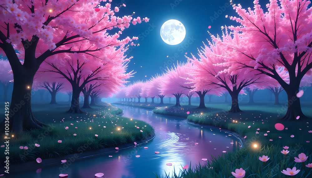A serene cherry blossom park in full bloom with petals gently falling into a meandering stream A serene cherry blossom park in full bloom with petals gently falling into a meandering stream