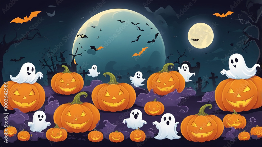 Fototapeta premium Spooky Halloween Scene with Ghosts and Pumpkins