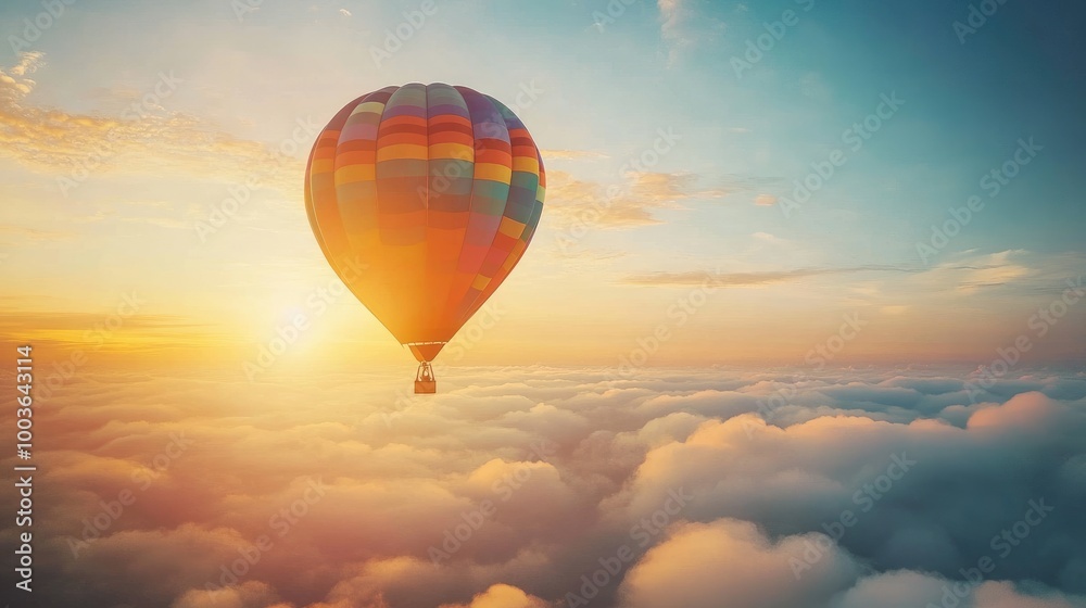 A hot air balloon floating in the sky at dawn, with the sun rising and illuminating the colorful fabric against the soft light. A hot air balloon floating in the sky at dawn, with the sun rising and illuminating the colorful fabric against the soft light.