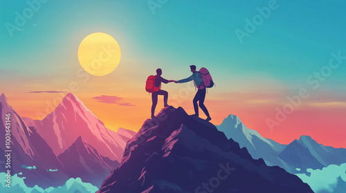 Hiker helping friend reach the mountain top, Generative Ai illustration 