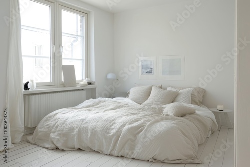 Bright and cozy white bedroom with a minimalist aesthetic and soft decor