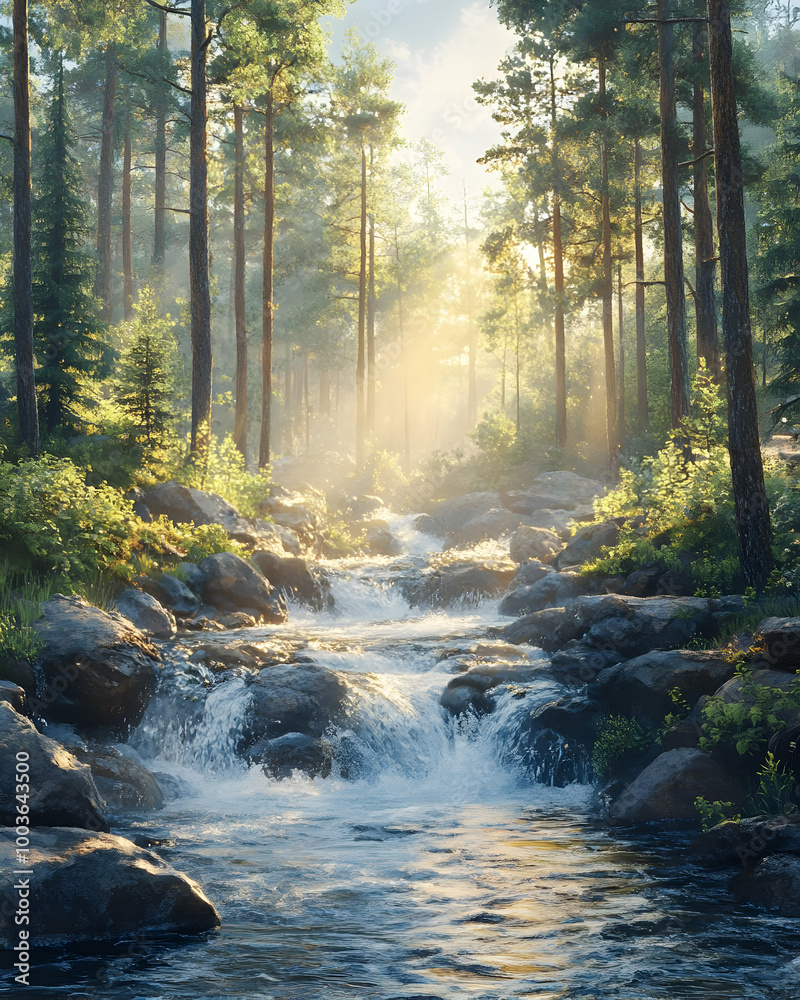 Sunrise over a Stream in the Forest - Digital Illustration Sunrise over a Stream in the Forest - Digital Illustration