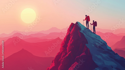 Hiker helping friend reach the mountain top, Generative Ai illustration 