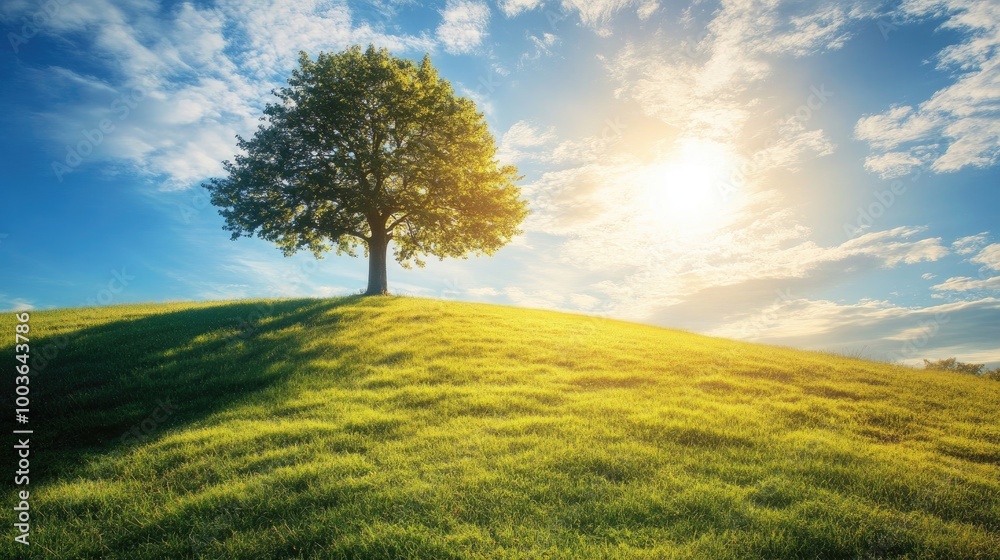 A lone tree standing on a hilltop under the midday sun, with its long shadow stretching across a grassy meadow. A lone tree standing on a hilltop under the midday sun, with its long shadow stretching across a grassy meadow.