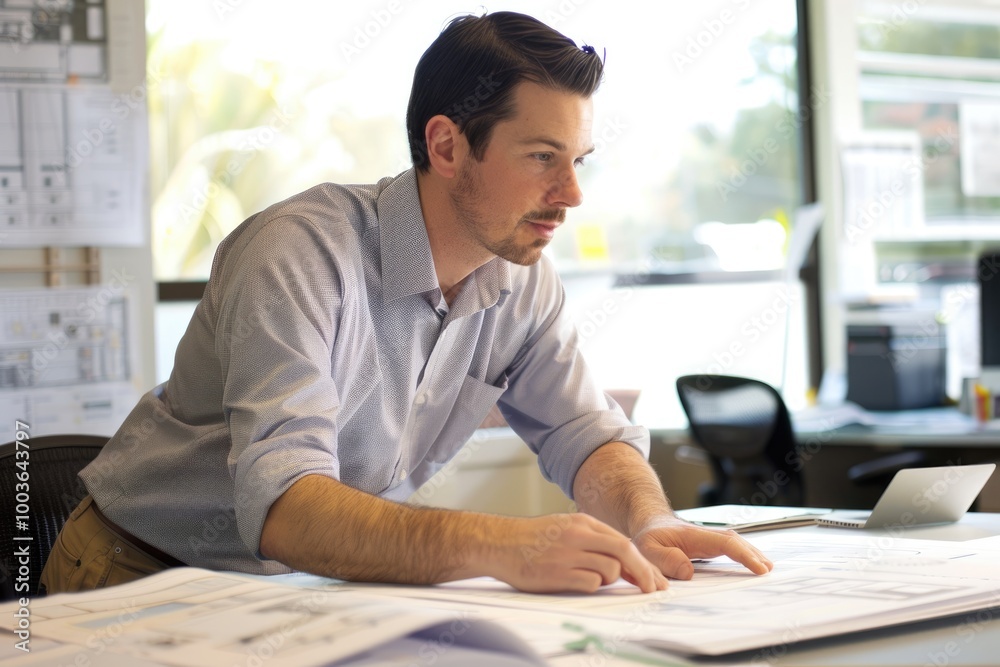 Architect providing building advice, consulting clients in professional office setting Architect providing building advice, consulting clients in professional office setting