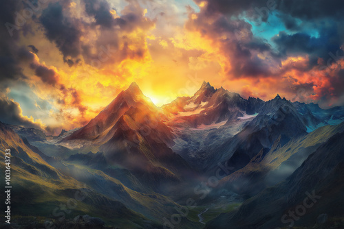 Majestic Sunrise over a Mountain Range Bathing Peaks in Golden Light