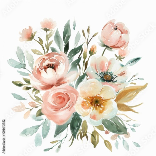 A floral bunch collection, pastel color, pastel pink, white, watercolor and oil hand painted illustration, isolated on a white background
