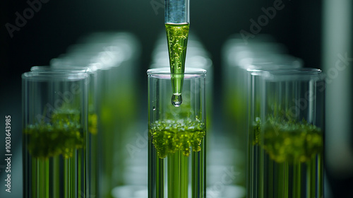 Close-up of a dropper dispensing green liquid into a test tube in a laboratory setting for scientific research. photo