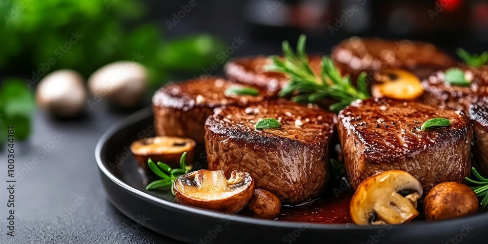 Juicy Sliced Beef with Mushrooms and Fresh Herbs on Plate Juicy Sliced Beef with Mushrooms and Fresh Herbs on Plate