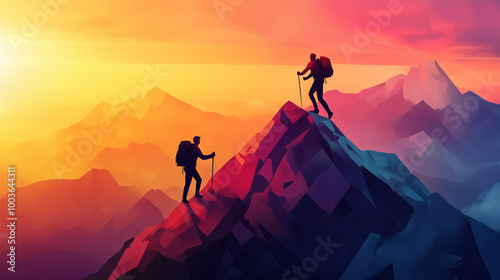 Hiker helping friend reach the mountain top, Generative Ai illustration 