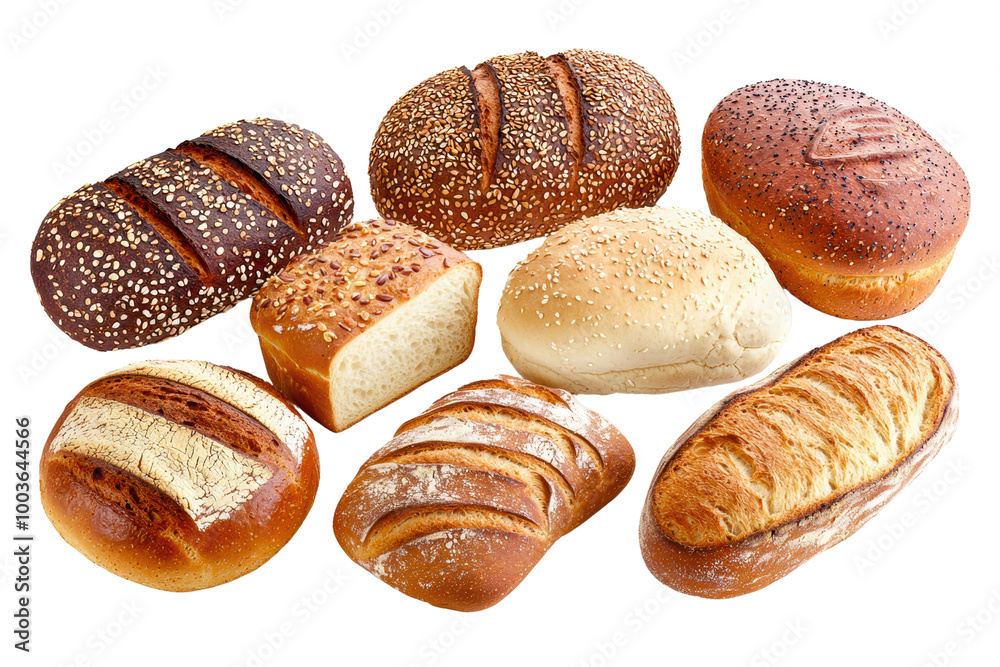Assorted fresh bread loaves on white isolated background, showcasing various textures and shapes. transparent background Assorted fresh bread loaves on white isolated background, showcasing various textures and shapes. transparent background