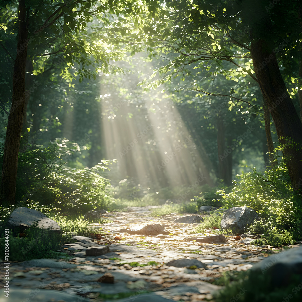 Fototapeta premium Sunlight Streaming Through Trees in a Forest Illustration