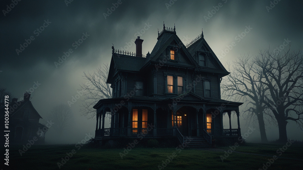 Eerie Victorian House Under Misty Sky Eerie Victorian House Under Misty Sky