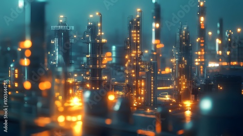 A city skyline with many tall buildings lit up at night. The city appears to be a bustling metropolis with a lot of activity going on