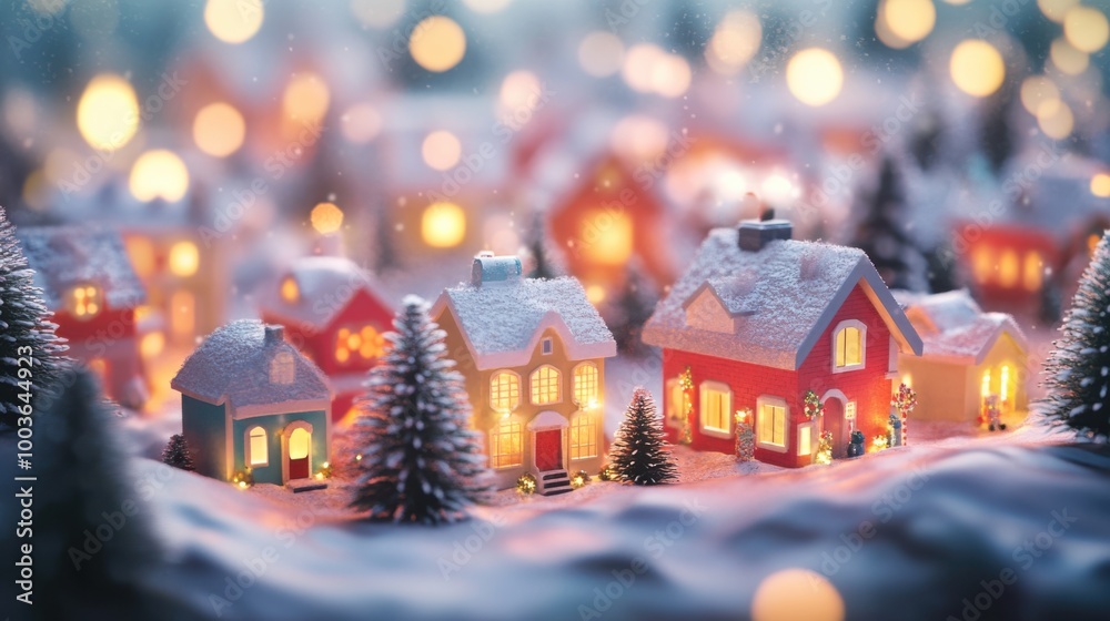 Festive 3D Christmas village scene with bright, colorful houses, snow on the roofs, and a warm Festive 3D Christmas village scene with bright, colorful houses, snow on the roofs, and a warm